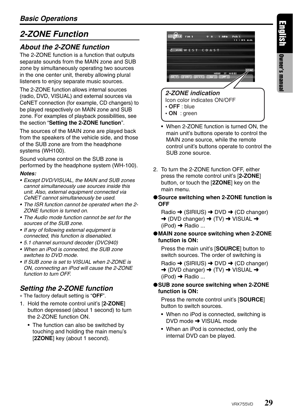 Zone function, 29 english, Basic operations | About the 2-zone function, Setting the 2-zone function | Clarion RX755VD User Manual | Page 27 / 72