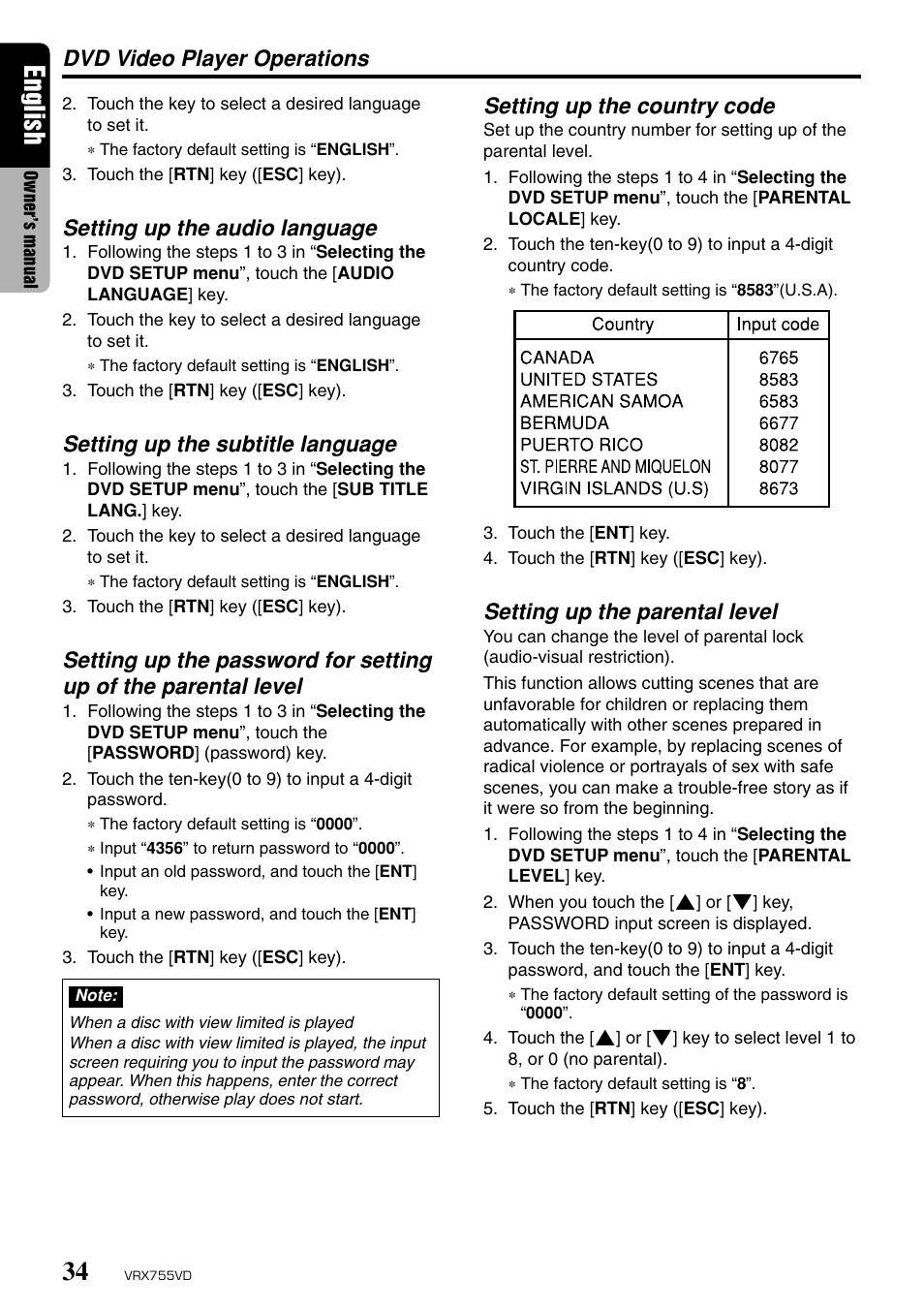 English, Dvd video player operations, Setting up the audio language | Setting up the subtitle language, Setting up the country code, Setting up the parental level | Clarion RX755VD User Manual | Page 32 / 72