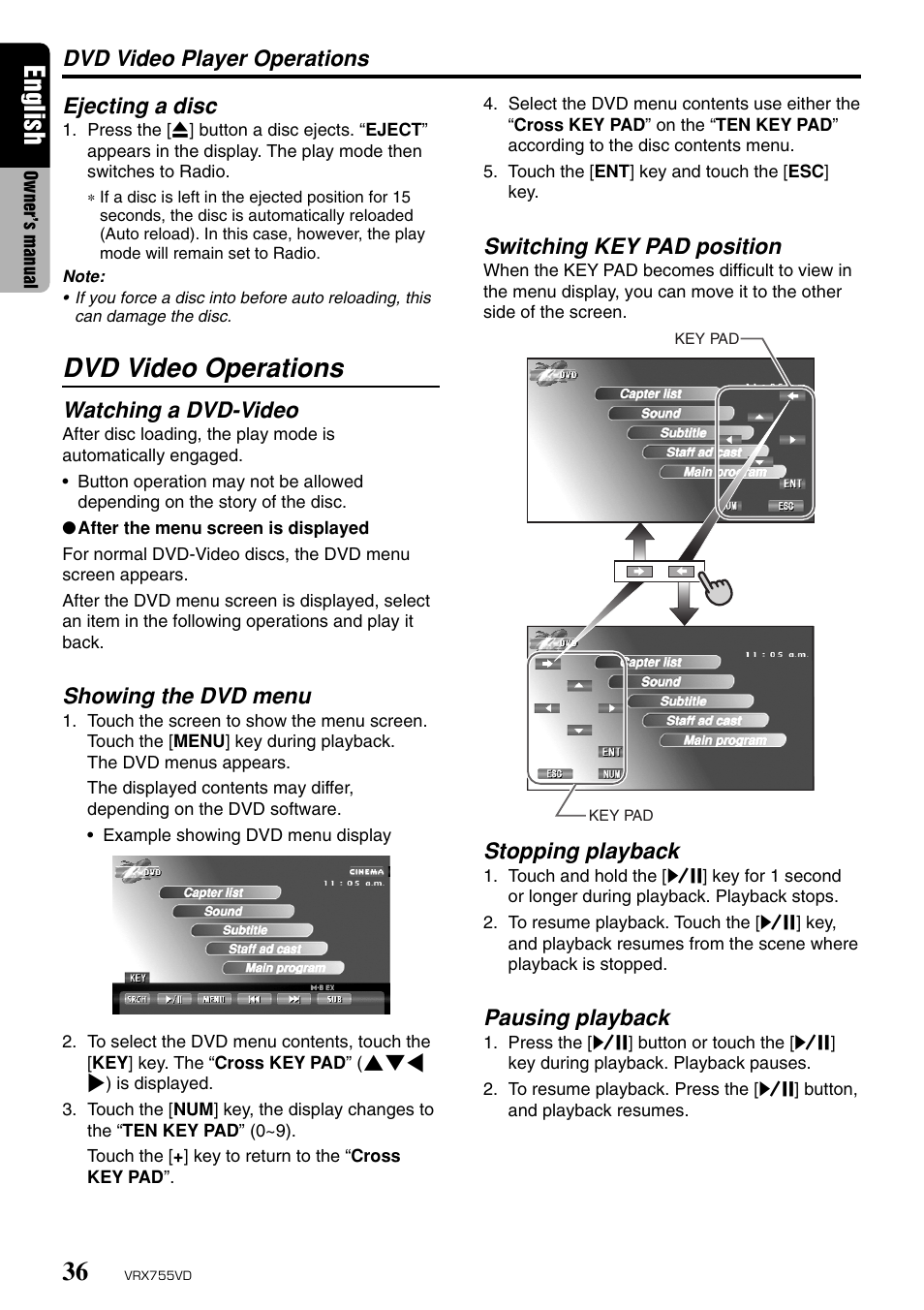 Dvd video operations, English, Dvd video player operations ejecting a disc | Watching a dvd-video, Showing the dvd menu, Switching key pad position, Stopping playback, Pausing playback | Clarion RX755VD User Manual | Page 34 / 72