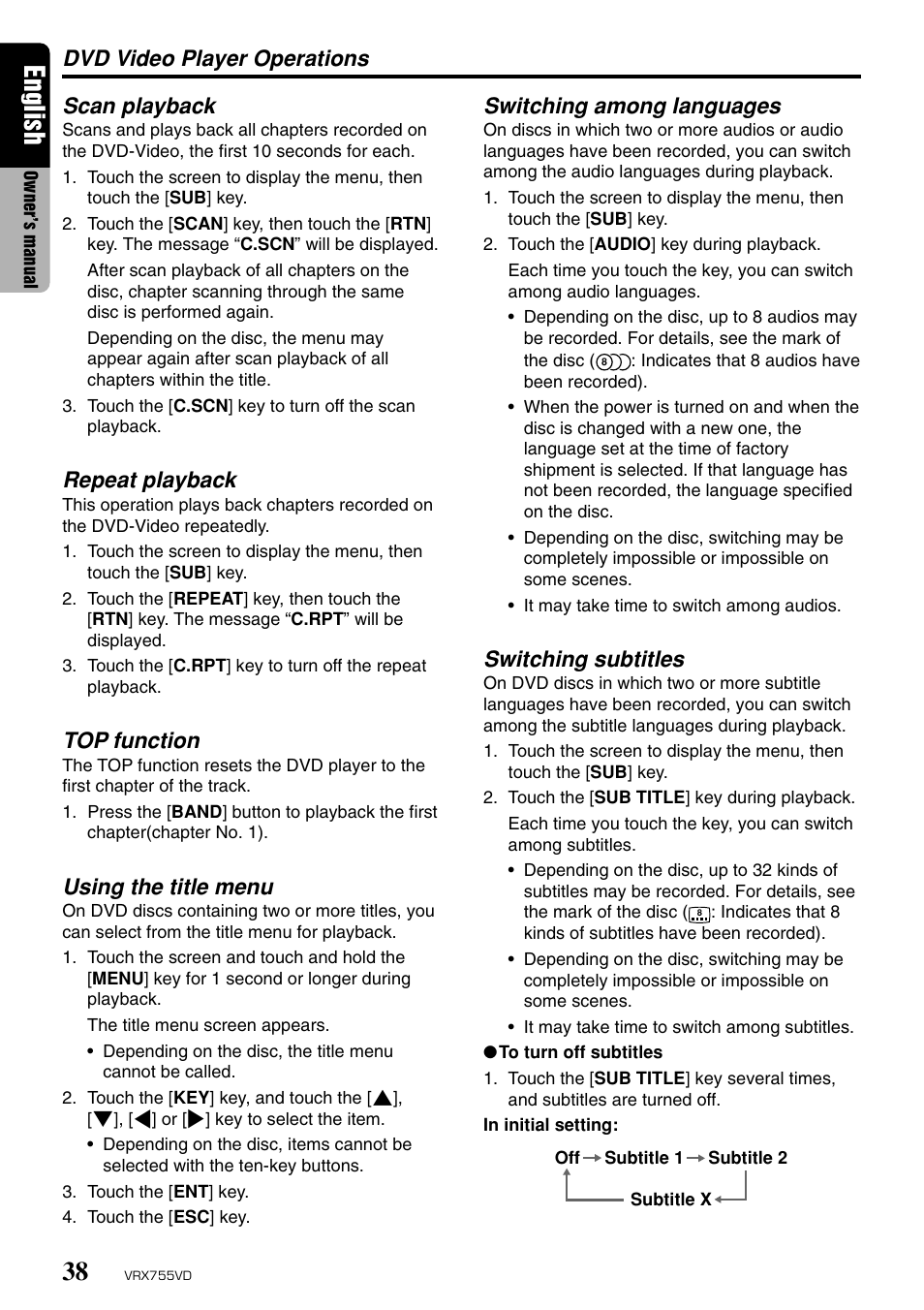 English, Dvd video player operations scan playback, Repeat playback | Top function, Using the title menu, Switching among languages, Switching subtitles | Clarion RX755VD User Manual | Page 36 / 72