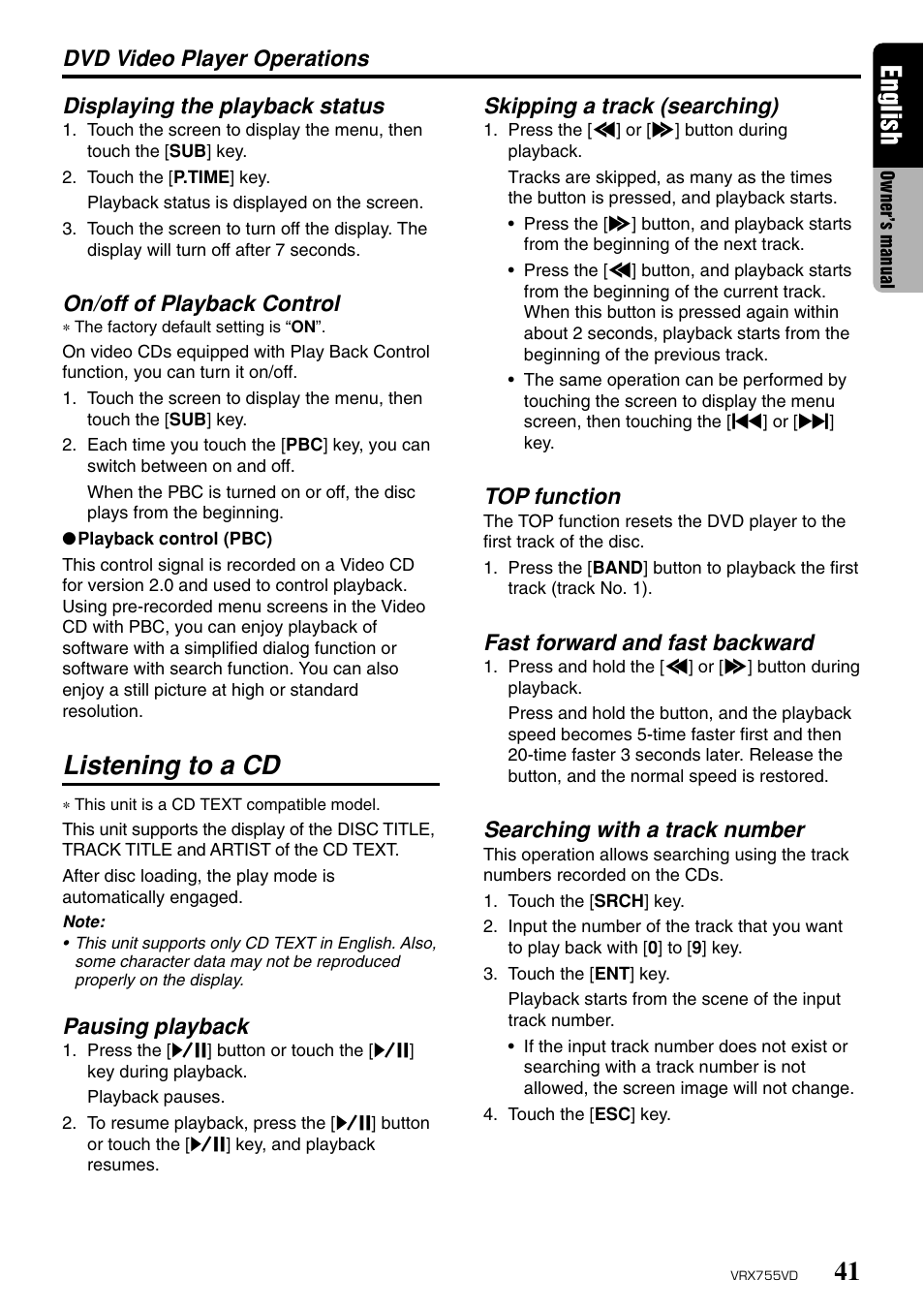 Listening to a cd, English, On/off of playback control | Pausing playback, Skipping a track (searching), Top function, Fast forward and fast backward, Searching with a track number | Clarion RX755VD User Manual | Page 39 / 72