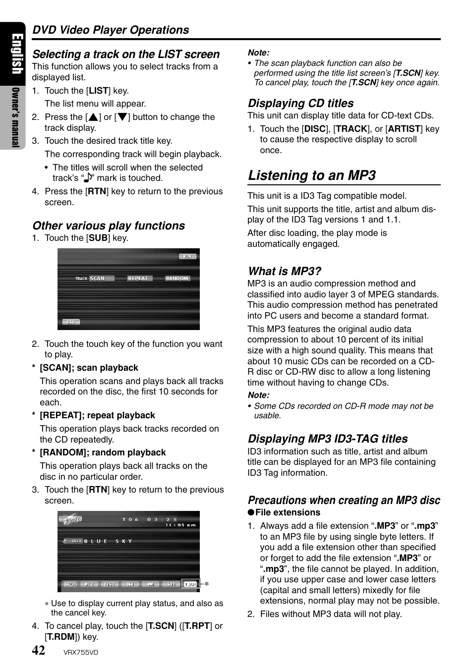 Listening to an mp3, English, Selecting a track on the list screen | Other various play functions, Dvd video player operations, Displaying cd titles, What is mp3, Displaying mp3 id3-tag titles, Precautions when creating an mp3 disc | Clarion RX755VD User Manual | Page 40 / 72