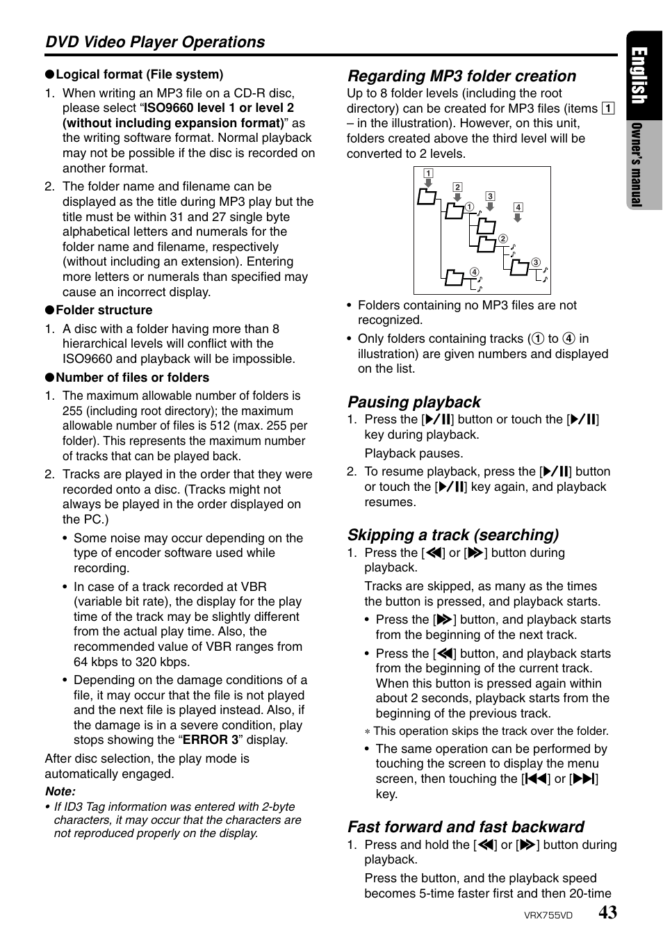 English, Dvd video player operations, Regarding mp3 folder creation | Pausing playback, Skipping a track (searching), Fast forward and fast backward | Clarion RX755VD User Manual | Page 41 / 72