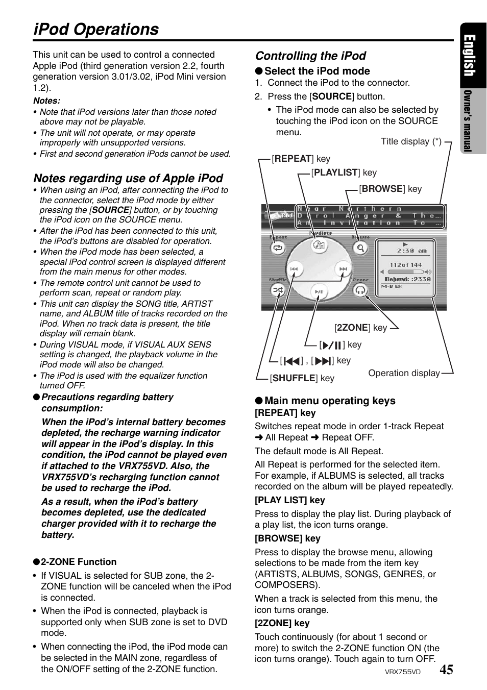 Ipod operations, English, Controlling the ipod | Clarion RX755VD User Manual | Page 43 / 72