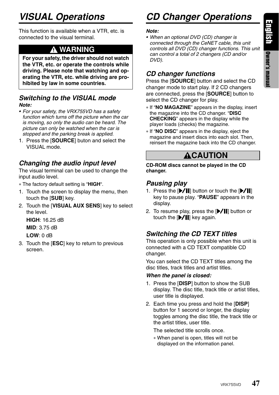 Visual operations, Cd changer operations, English | Caution, Warning, Switching to the visual mode, Changing the audio input level, Cd changer functions, Pausing play, Switching the cd text titles | Clarion RX755VD User Manual | Page 45 / 72