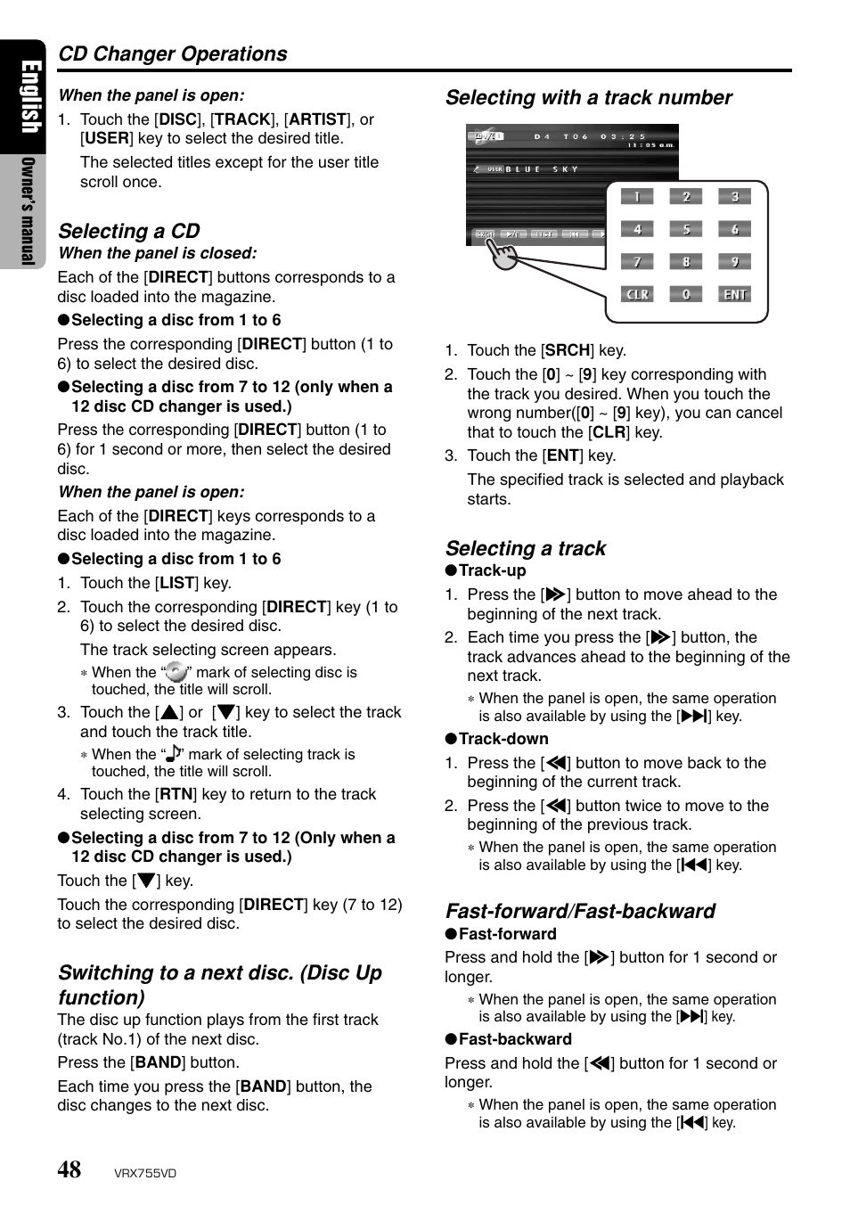 English, Selecting a cd, Switching to a next disc. (disc up function) | Selecting with a track number, Selecting a track, Fast-forward/fast-backward, Cd changer operations | Clarion RX755VD User Manual | Page 46 / 72