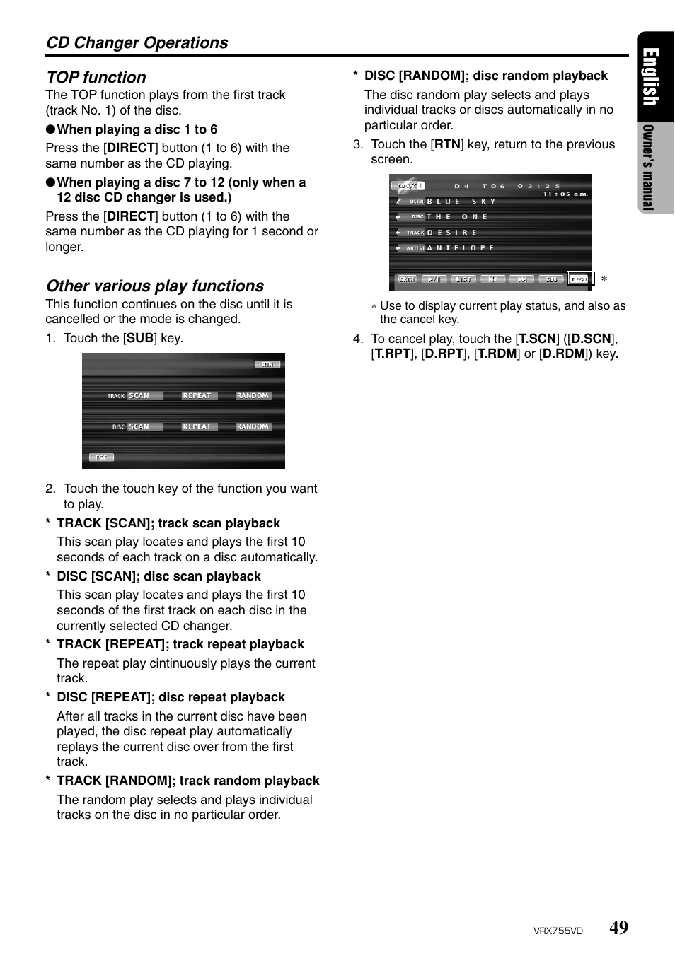 English, Cd changer operations top function, Other various play functions | Clarion RX755VD User Manual | Page 47 / 72