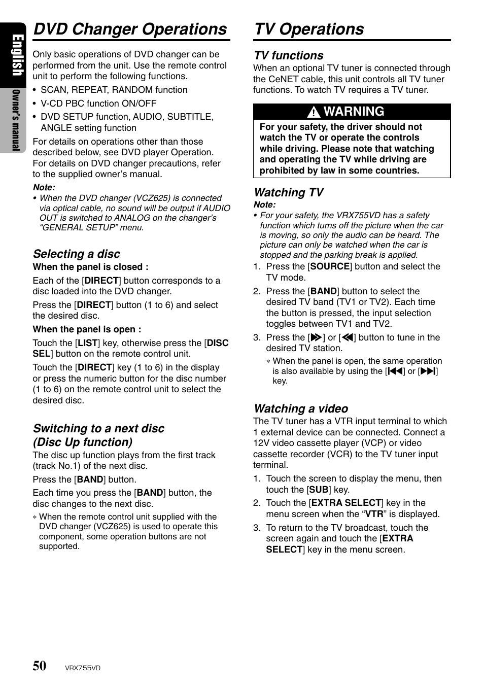 Dvd changer operations, Tv operations, English | Warning, Tv functions, Watching tv, Watching a video, Selecting a disc, Switching to a next disc (disc up function) | Clarion RX755VD User Manual | Page 48 / 72