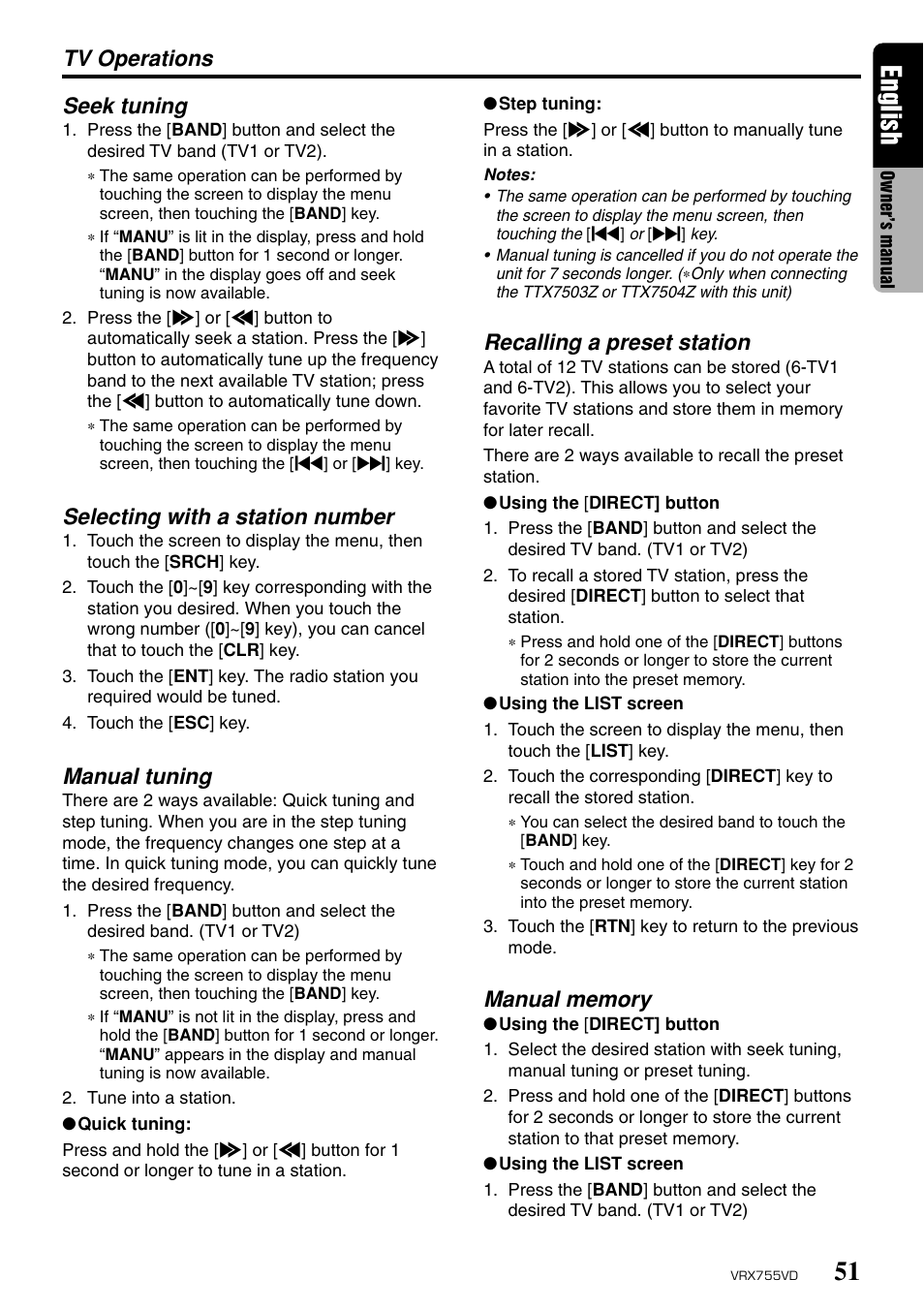 English, Seek tuning, Selecting with a station number | Manual tuning, Tv operations, Recalling a preset station | Clarion RX755VD User Manual | Page 49 / 72