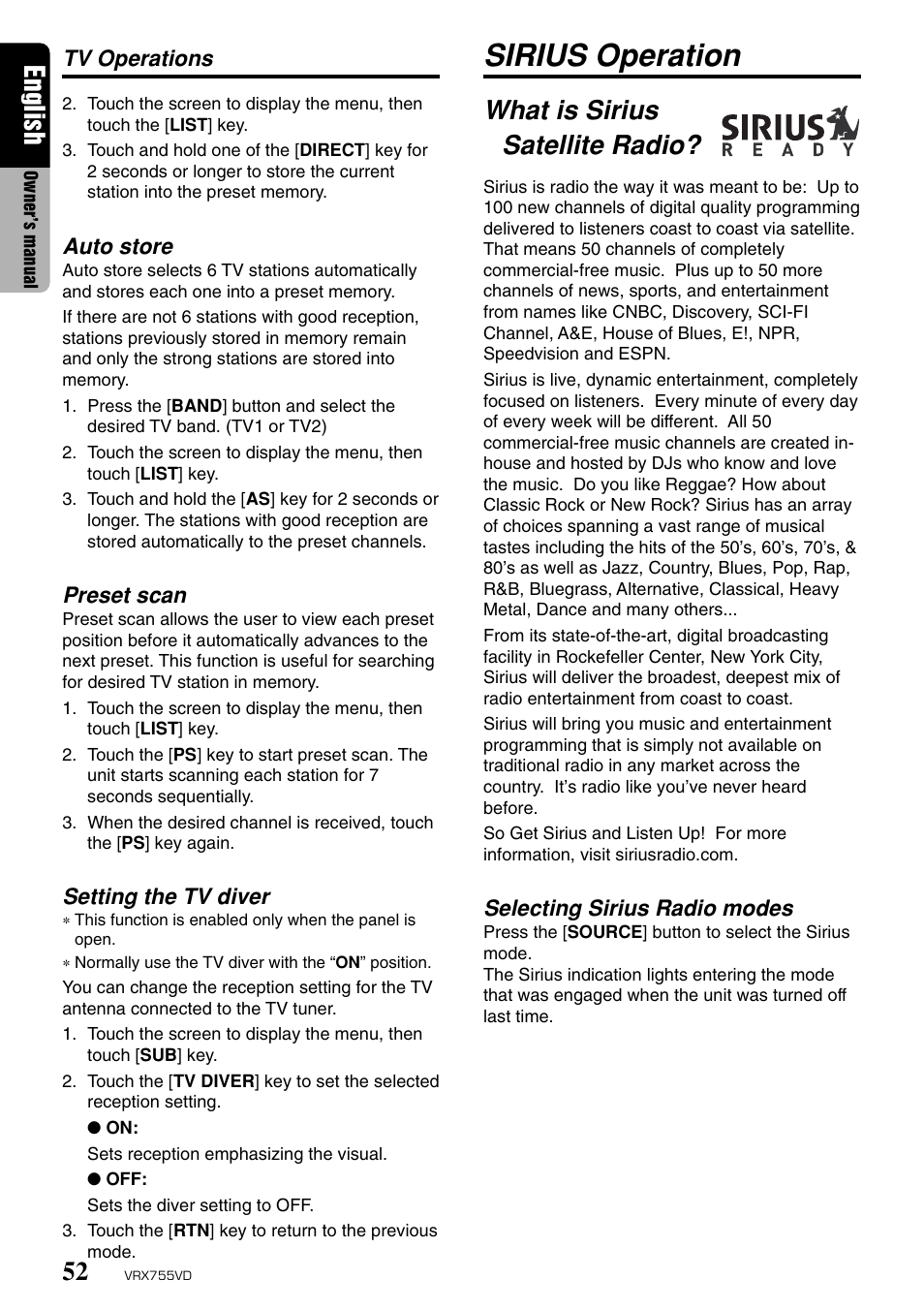 Sirius operation, English, What is sirius satellite radio | Tv operations, Auto store, Preset scan, Setting the tv diver, Selecting sirius radio modes | Clarion RX755VD User Manual | Page 50 / 72