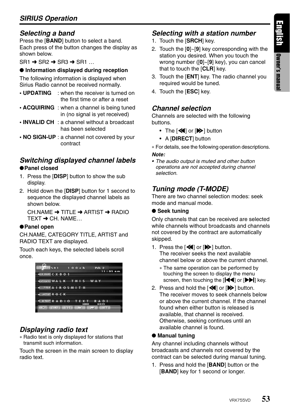 English, Selecting with a station number, Channel selection | Tuning mode (t-mode), Selecting a band, Switching displayed channel labels, Displaying radio text, Sirius operation | Clarion RX755VD User Manual | Page 51 / 72
