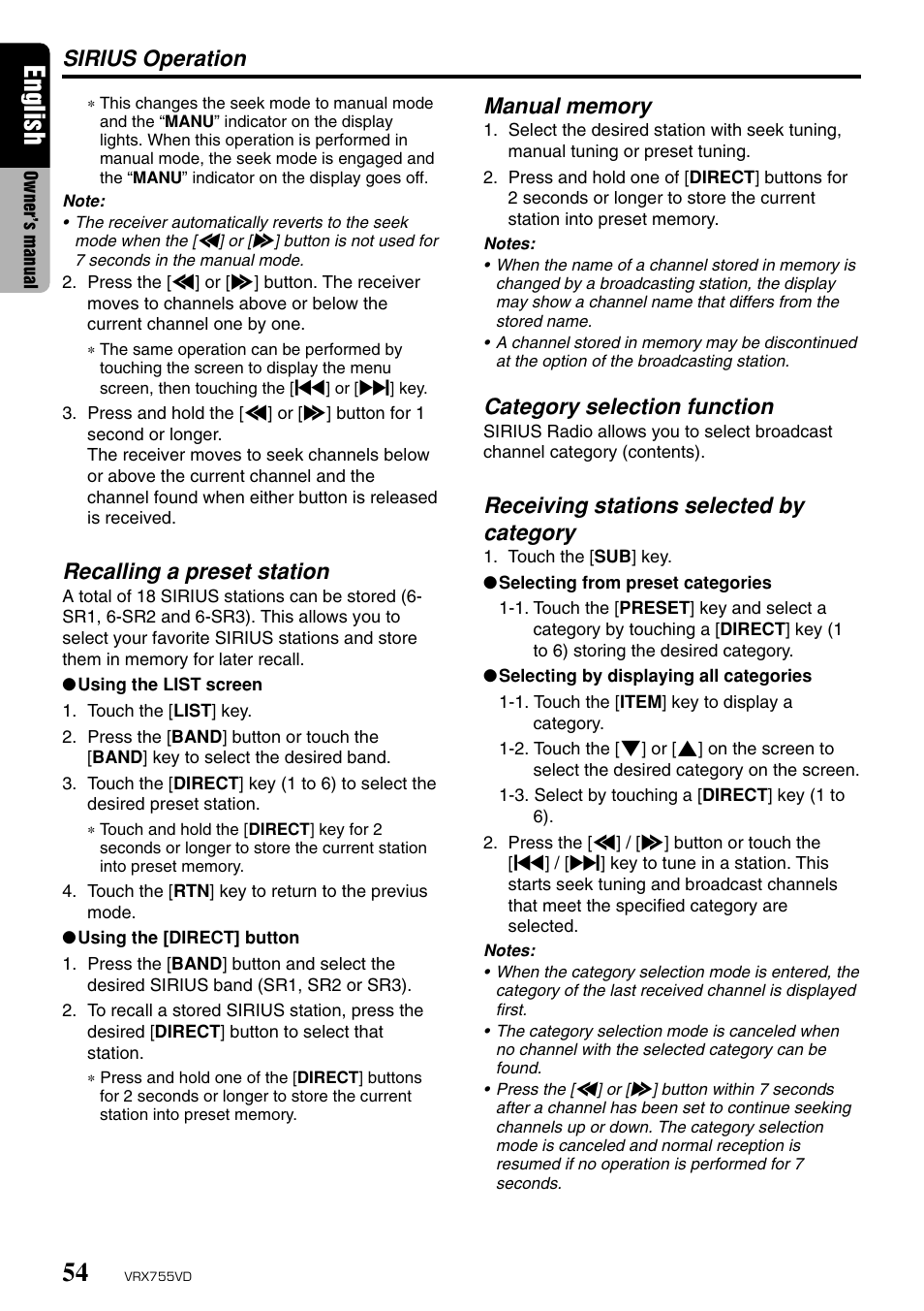 English, Recalling a preset station, Category selection function | Receiving stations selected by category | Clarion RX755VD User Manual | Page 52 / 72
