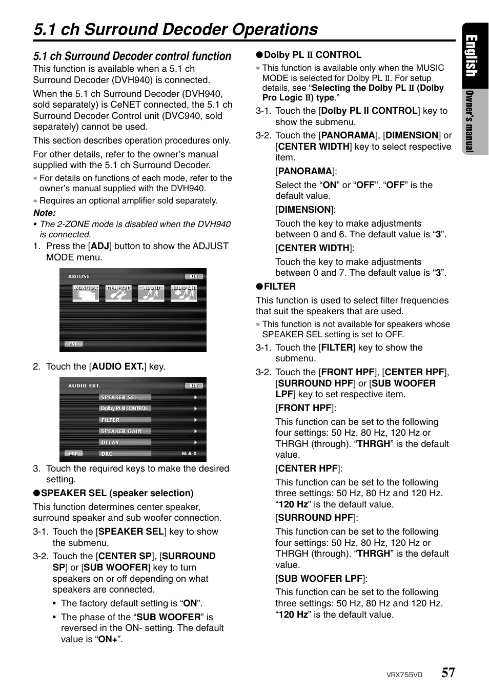 1 ch surround decoder operations, English, 1 ch surround decoder control function | Clarion RX755VD User Manual | Page 55 / 72