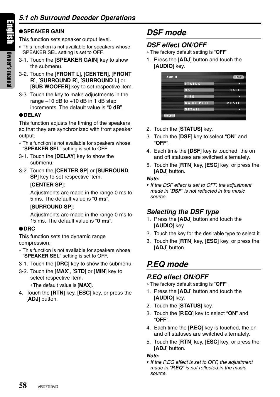 English, Dsf mode, P.eq mode | Dsf effect on/off, Selecting the dsf type, P.eq effect on/off, 1 ch surround decoder operations | Clarion RX755VD User Manual | Page 56 / 72