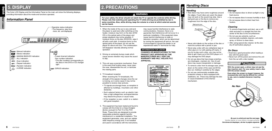Display, Information panel, Precautions | Handling discs, 3english, English, Caution, Warning, Handling, Storage | Clarion RX755VD User Manual | Page 6 / 72