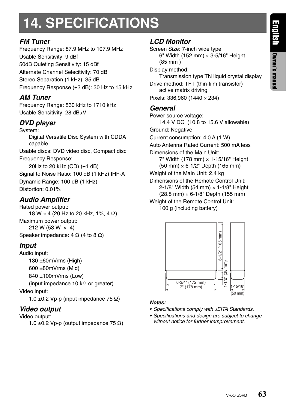 Specifications, English, Fm tuner | Am tuner, Dvd player, Audio amplifier, Input, Video output, Lcd monitor, General | Clarion RX755VD User Manual | Page 61 / 72