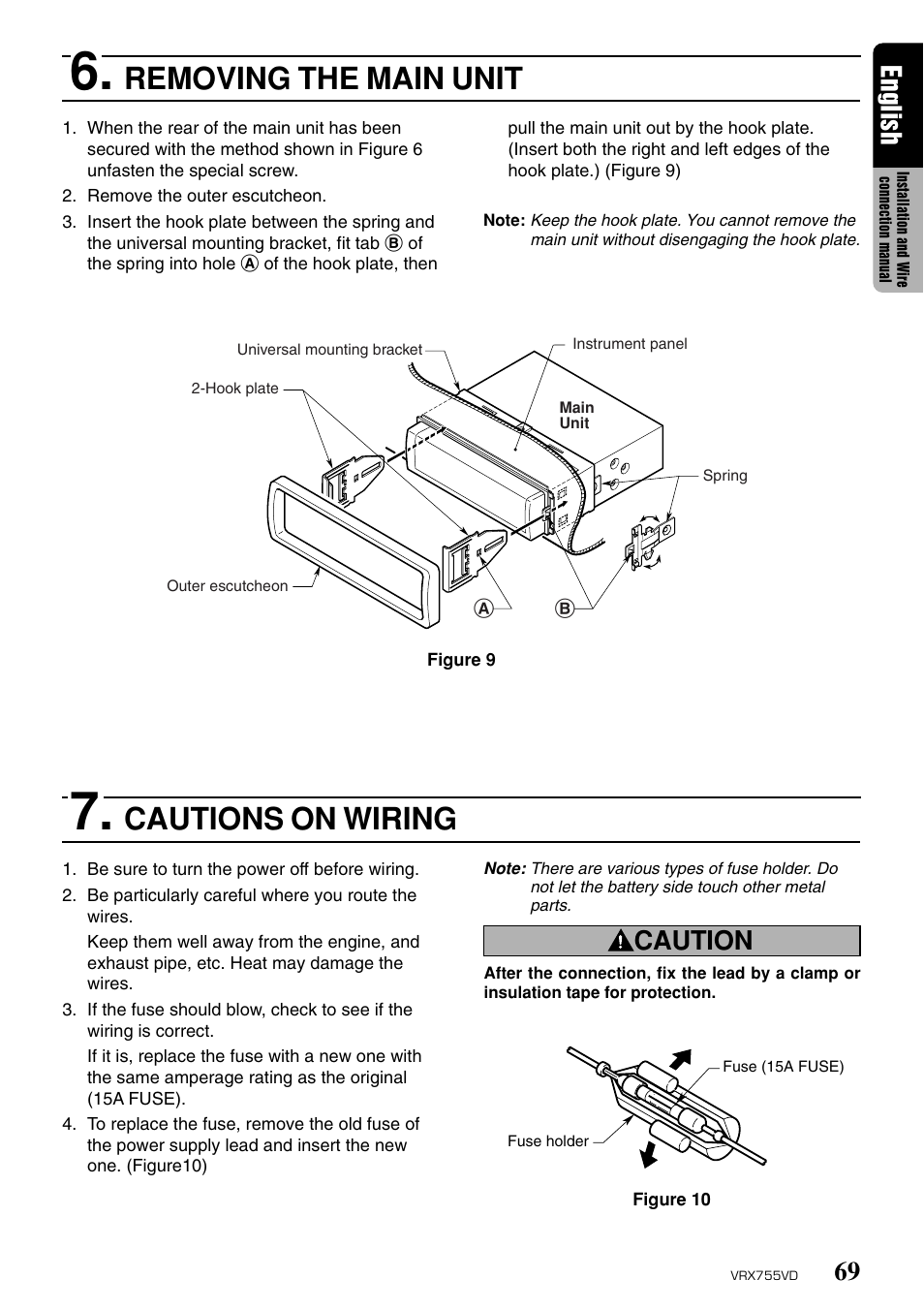 Removing the main unit, Cautions on wiring, English | Caution | Clarion RX755VD User Manual | Page 67 / 72
