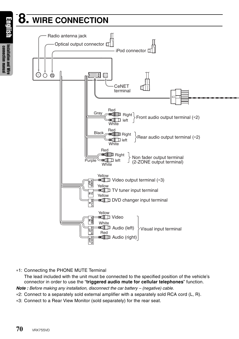 Wire connection, English | Clarion RX755VD User Manual | Page 68 / 72