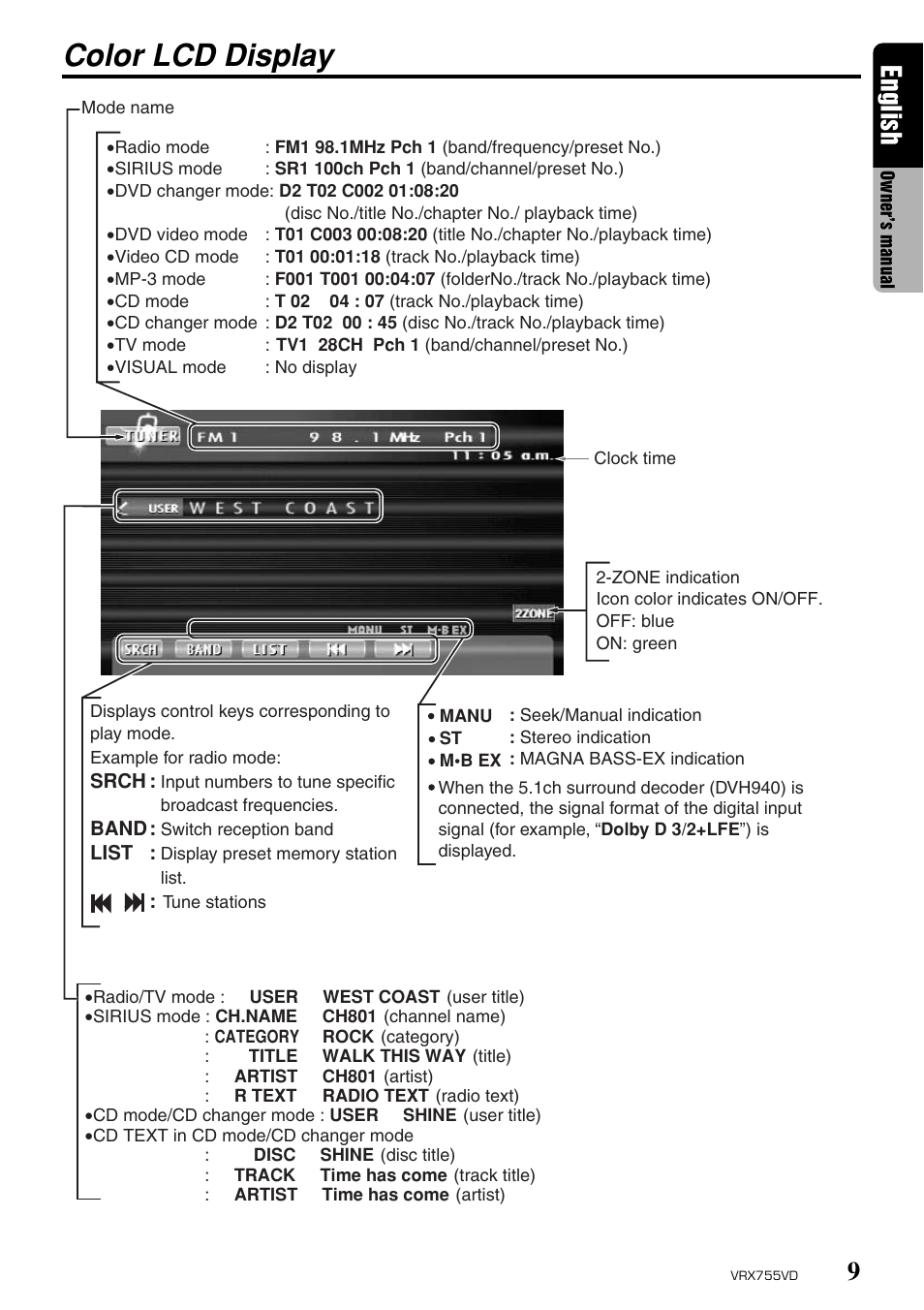 Color lcd display, 9english | Clarion RX755VD User Manual | Page 7 / 72