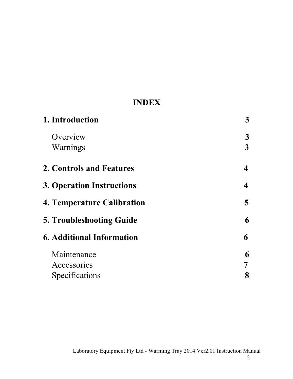 Index, Introduction 3, Overview 3 | Warnings 3 2. controls and features 4, Operation instructions 4, Temperature calibration 5, Troubleshooting guide 6, Additional information 6, Maintenance 6, Accessories 7 | LABEC SW-1 User Manual | Page 3 / 7