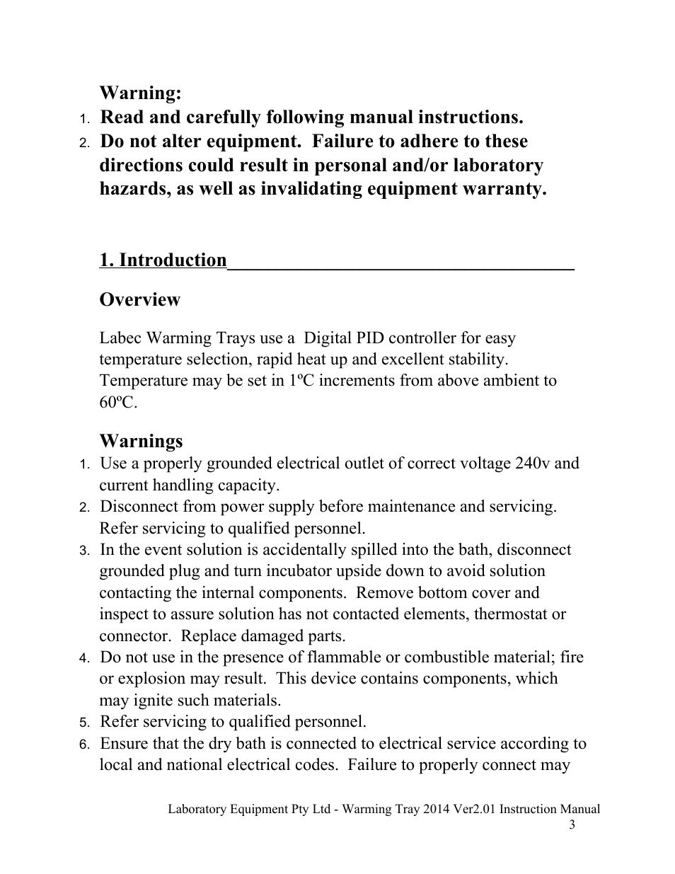 Warning, Read and carefully following manual instructions, Introduction | Overview, Warnings | LABEC SW-1 User Manual | Page 4 / 7