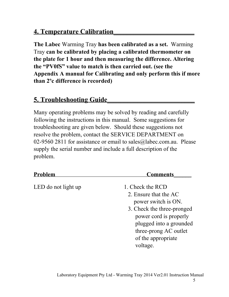 Temperature calibration, Troubleshooting guide | LABEC SW-1 User Manual | Page 6 / 7