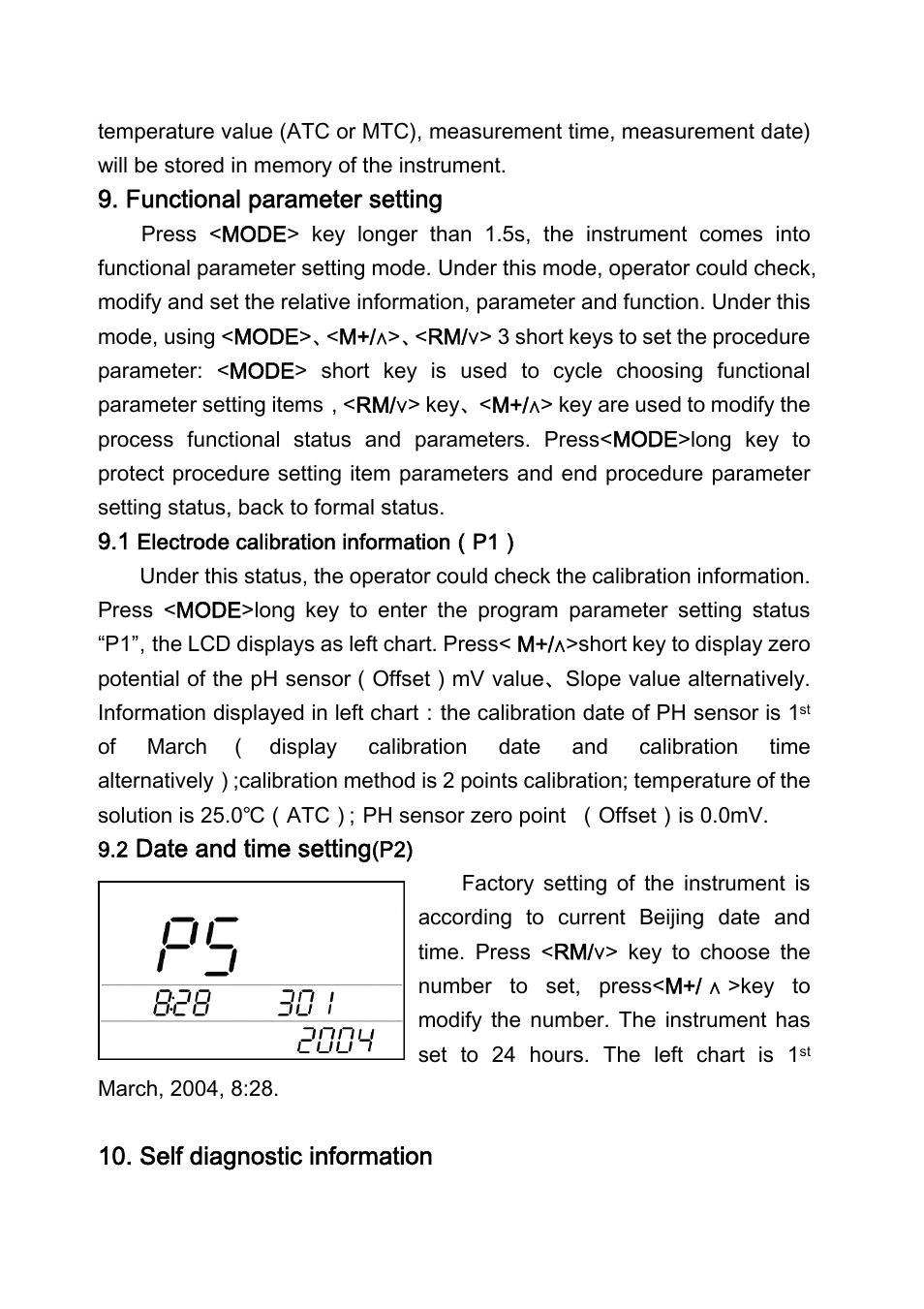 Functional parameter setting, Date and time setting, Self diagnostic information | LABEC M-PL-600 User Manual | Page 14 / 18
