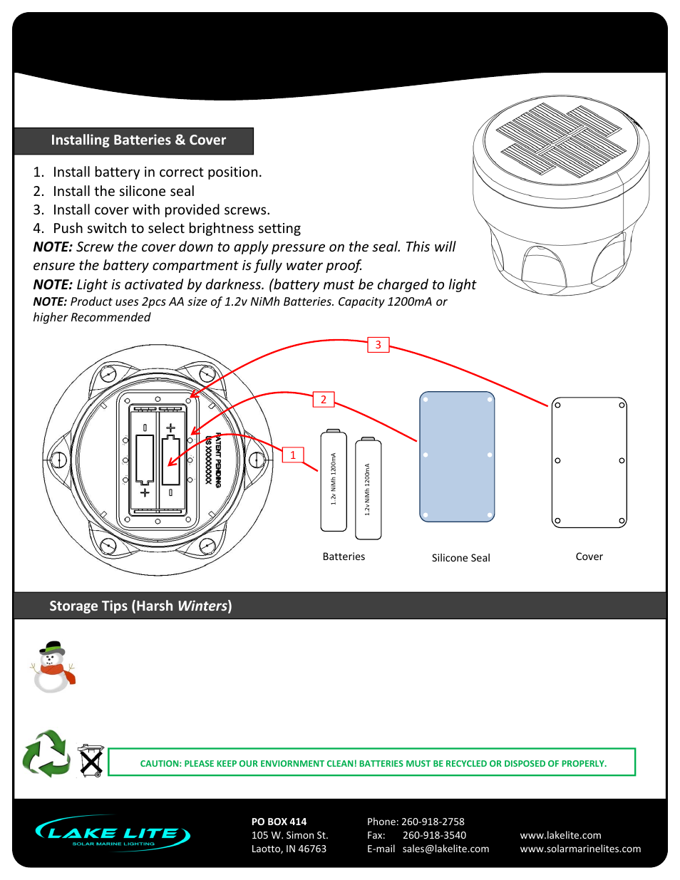 Solar underglow– (3.5”), Model: ll-sdl-ug-x, Storage tips (harsh winters ) | Installing batteries & cover, Mounting to surface | Lake Lite LL-SDL-UG-X User Manual | Page 3 / 4