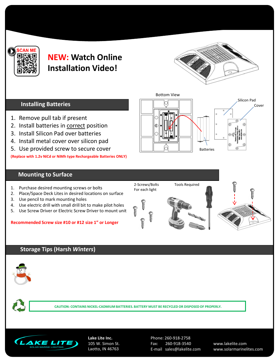 Slide number 3, Solar deck & dock lite, New: watch online installation video | Model: ll-sdl-deck-r, Storage tips (harsh winters ), Mounting to surface | Lake Lite LL-SDL-DECK User Manual | Page 3 / 4