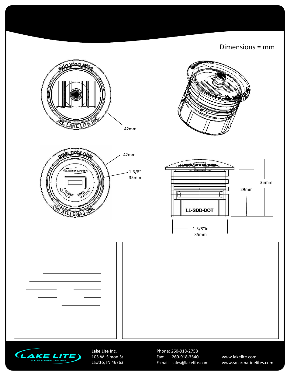 Slide number 2, Solar dock dots – (1-3/8”), Model: ll-sdd-x | Dimensions = mm | Lake Lite LL-SDD-DOT-X User Manual | Page 2 / 3