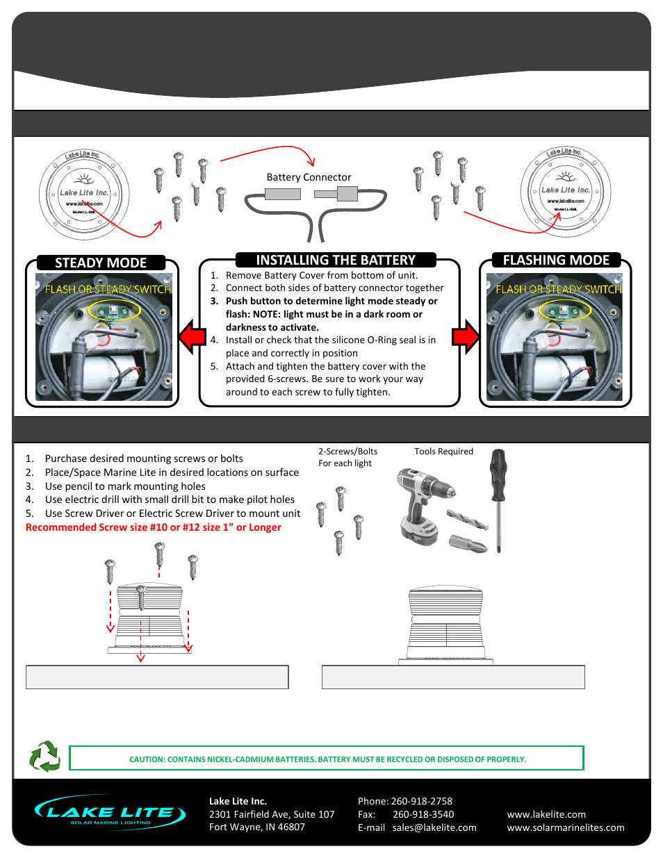 Slide number 2, Solar marine lite, Model: ll-sml-x | Steady mode flashing mode, Installing the battery | Lake Lite LL-SML-X User Manual | Page 2 / 6