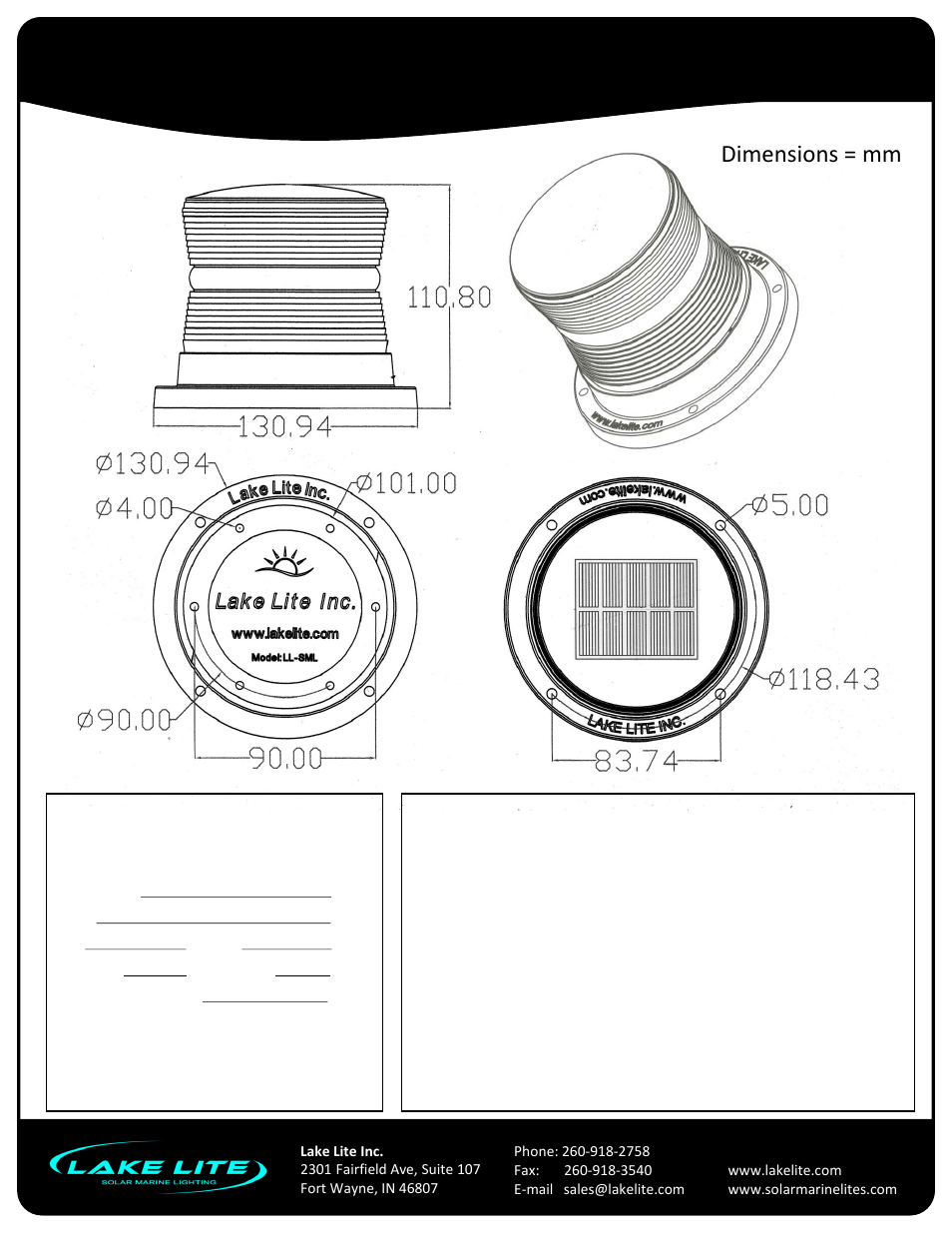 Slide number 3, Solar marine lite, 1 nm | Model: ll-sml-x, Dimensions = mm | Lake Lite LL-SML-X User Manual | Page 3 / 6