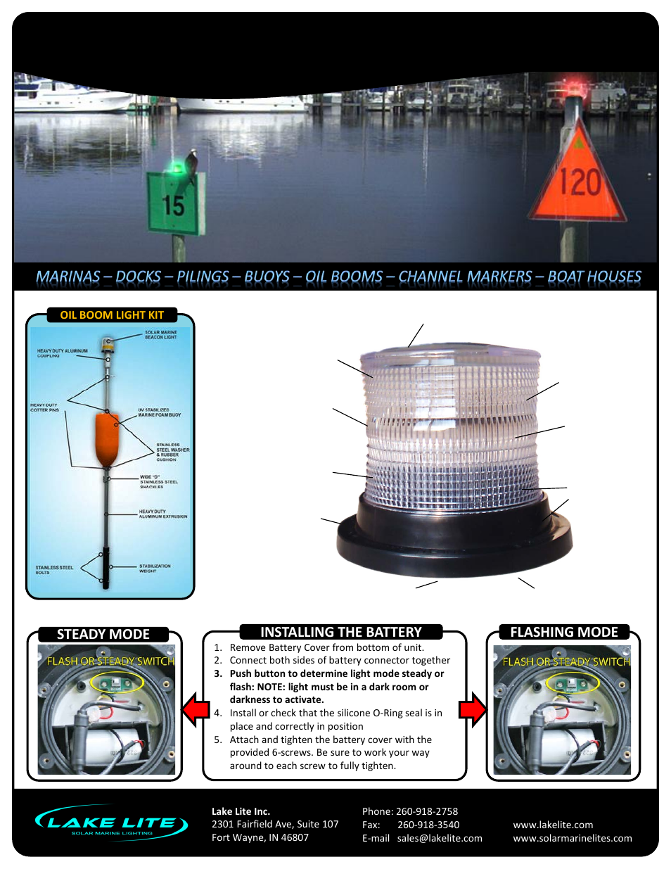 Slide number 6, Solar marine lite, 1 nm | Model: ll-sml-x, Steady mode, Flashing mode, Installing the battery | Lake Lite LL-SML-X User Manual | Page 6 / 6
