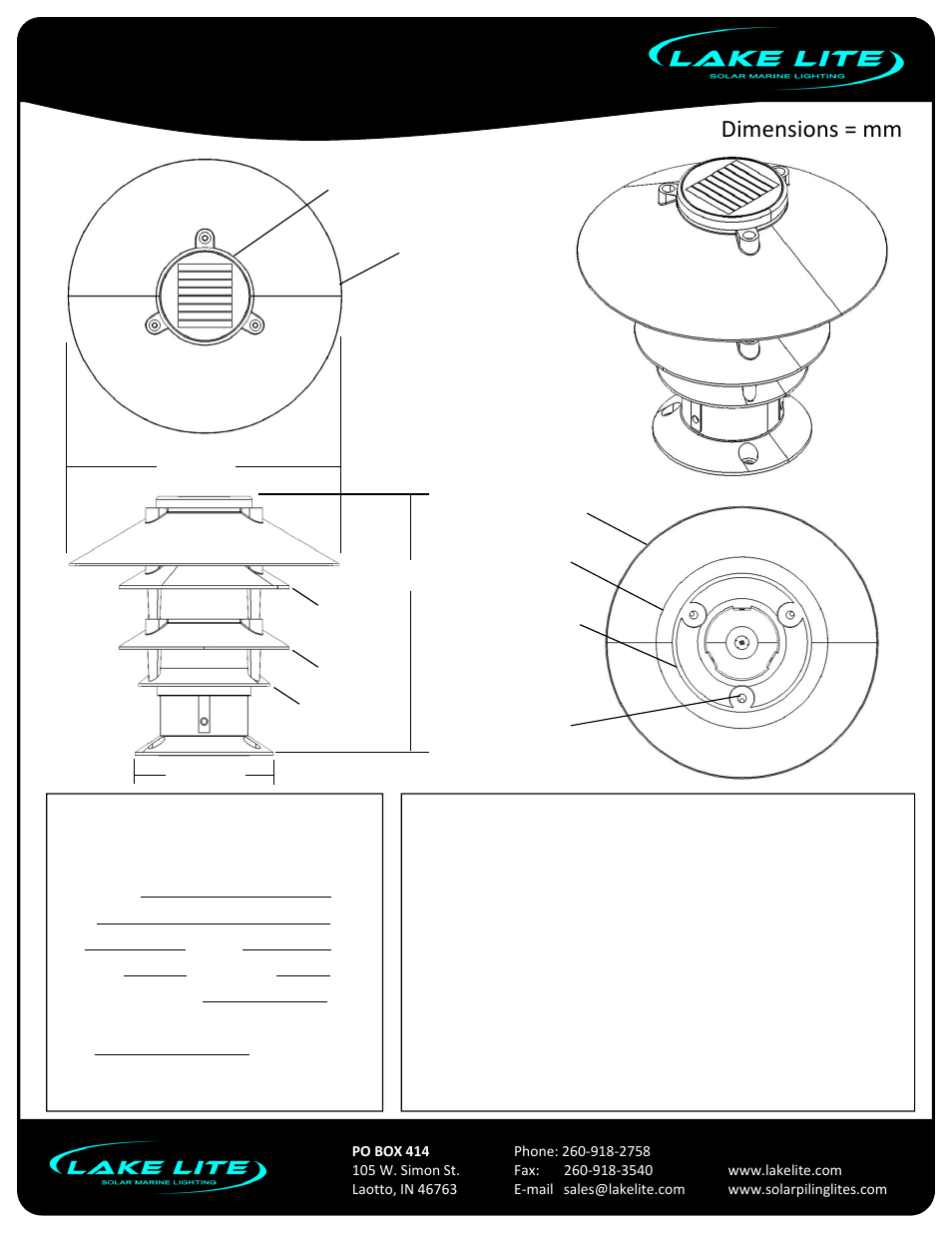 Solar pagoda lite, Dimensions = mm, Model: ll-spl-pagoda-x | Lake Lite LL-SPL-PAGODA-W-W User Manual | Page 4 / 4
