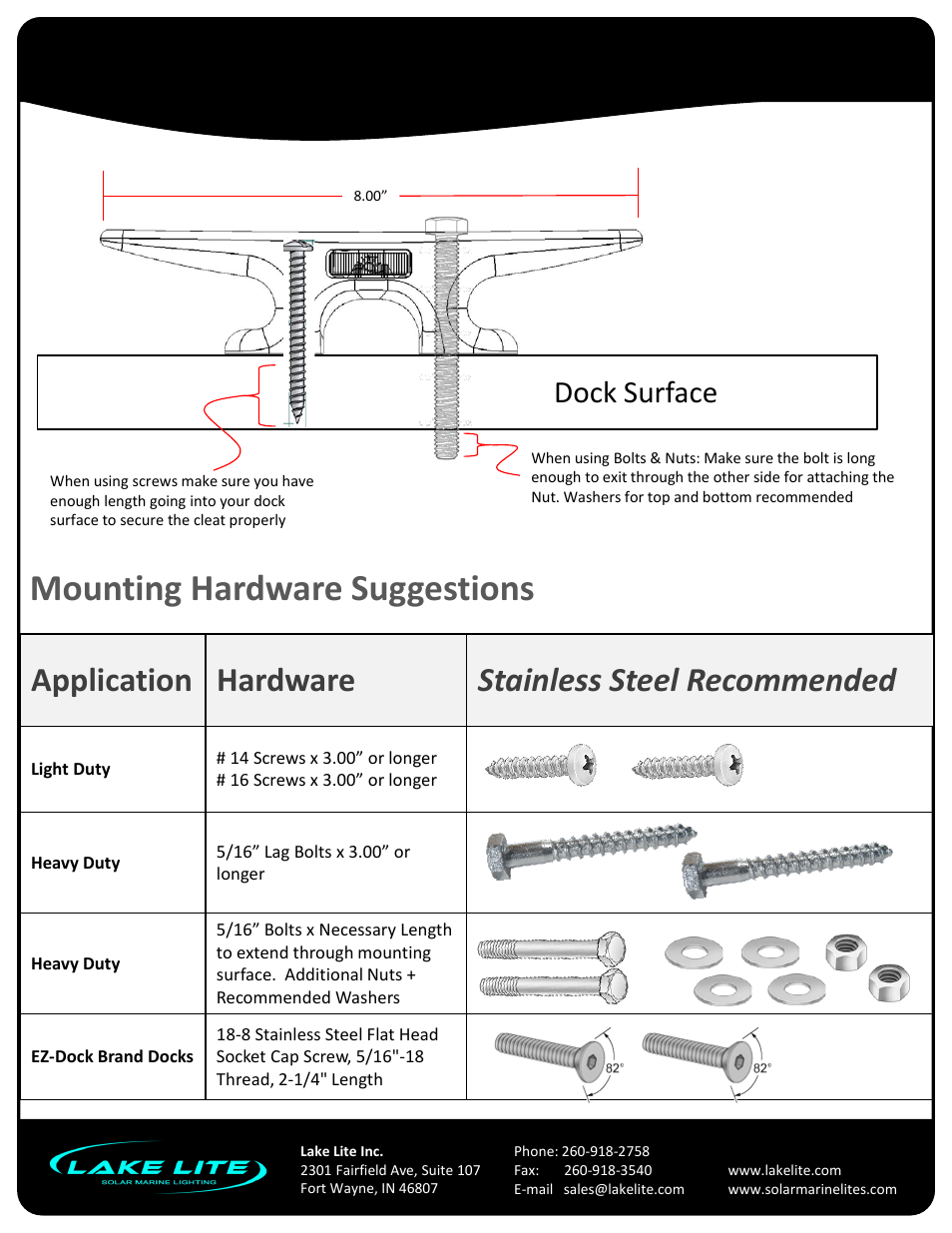 Slide number 3, 8” solar cleat lite, Mounting hardware suggestions | Application hardware stainless steel recommended, Dock surface, Model: ll-scl-ez-8 | Lake Lite LL-SCL-EZ-8 User Manual | Page 3 / 4