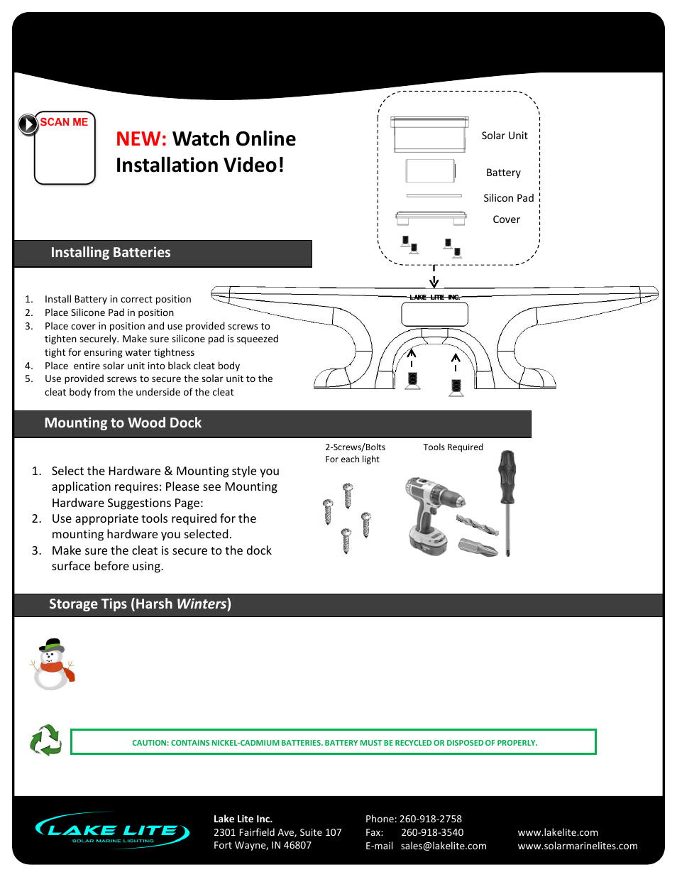 Slide number 4, 8” solar cleat lite, New: watch online installation video | Model: ll-scl-ez-8, Storage tips (harsh winters ), Installing batteries mounting to wood dock | Lake Lite LL-SCL-EZ-8 User Manual | Page 4 / 4