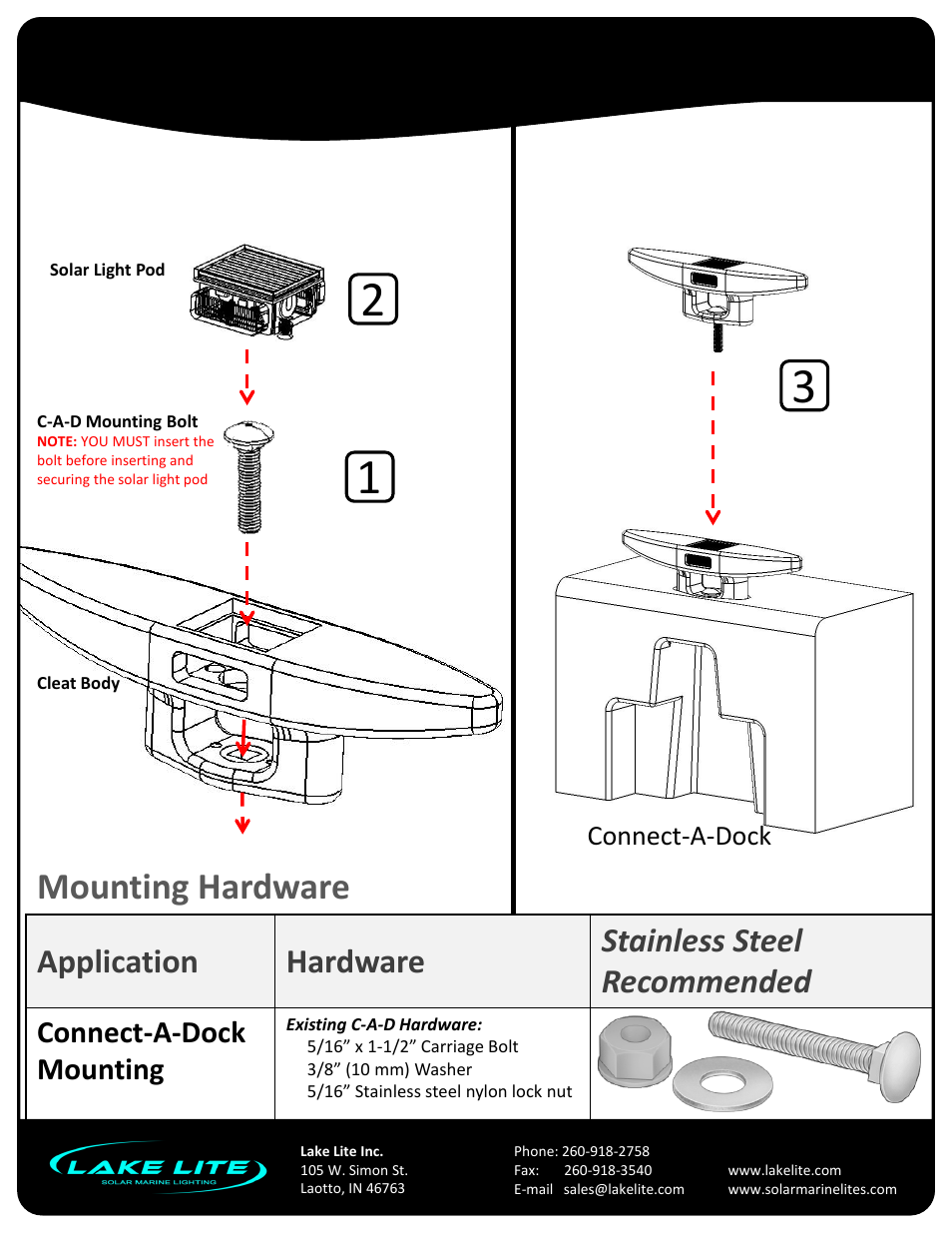 Slide number 3, 8” solar cleat lite, Mounting hardware | Application hardware stainless steel recommended, Connect-a-dock mounting, Model: ll-scl-8-cad, Connect-a-dock | Lake Lite LL-SCL-8-CAD User Manual | Page 3 / 4