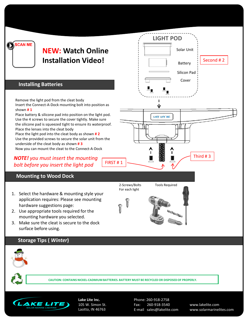 Slide number 4, 8” solar cleat lite, New: watch online installation video | Model: ll-scl-8-cad, Light pod, Storage tips ( winter ), Installing batteries mounting to wood dock | Lake Lite LL-SCL-8-CAD User Manual | Page 4 / 4
