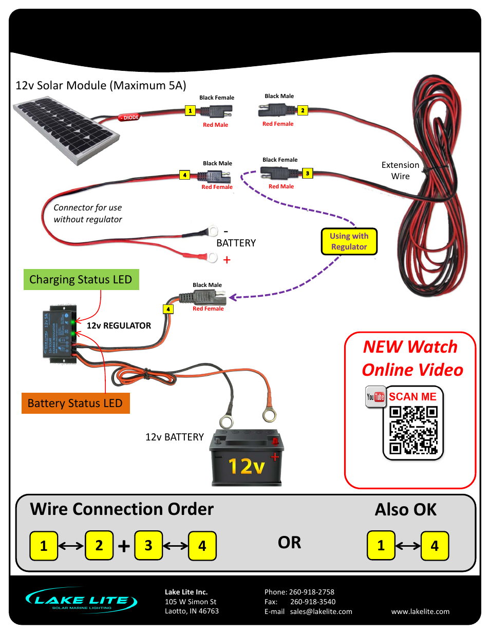 Slide number 2, Solar charge regulator, Wire connection order also ok | New watch online video or, Models: ll-reg-12v-5a-pb | Lake Lite LL-REG-12v-5A-PB User Manual | Page 2 / 5