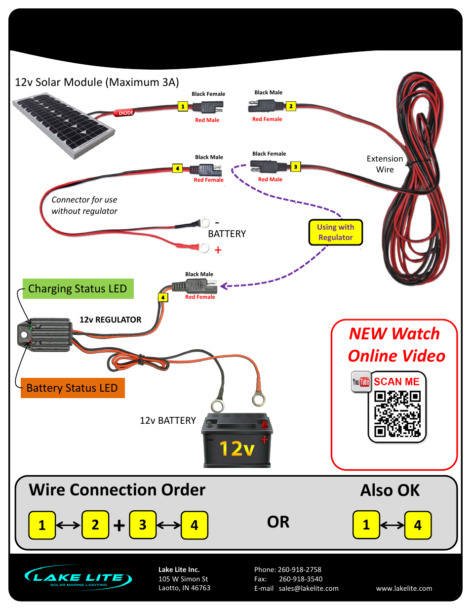 Slide number 2, Solar charge regulator, Wire connection order also ok | New watch online video or, Model: ll-reg-12v-3a-pb | Lake Lite LL-REG-12v-3A-PB V.2 User Manual | Page 2 / 5
