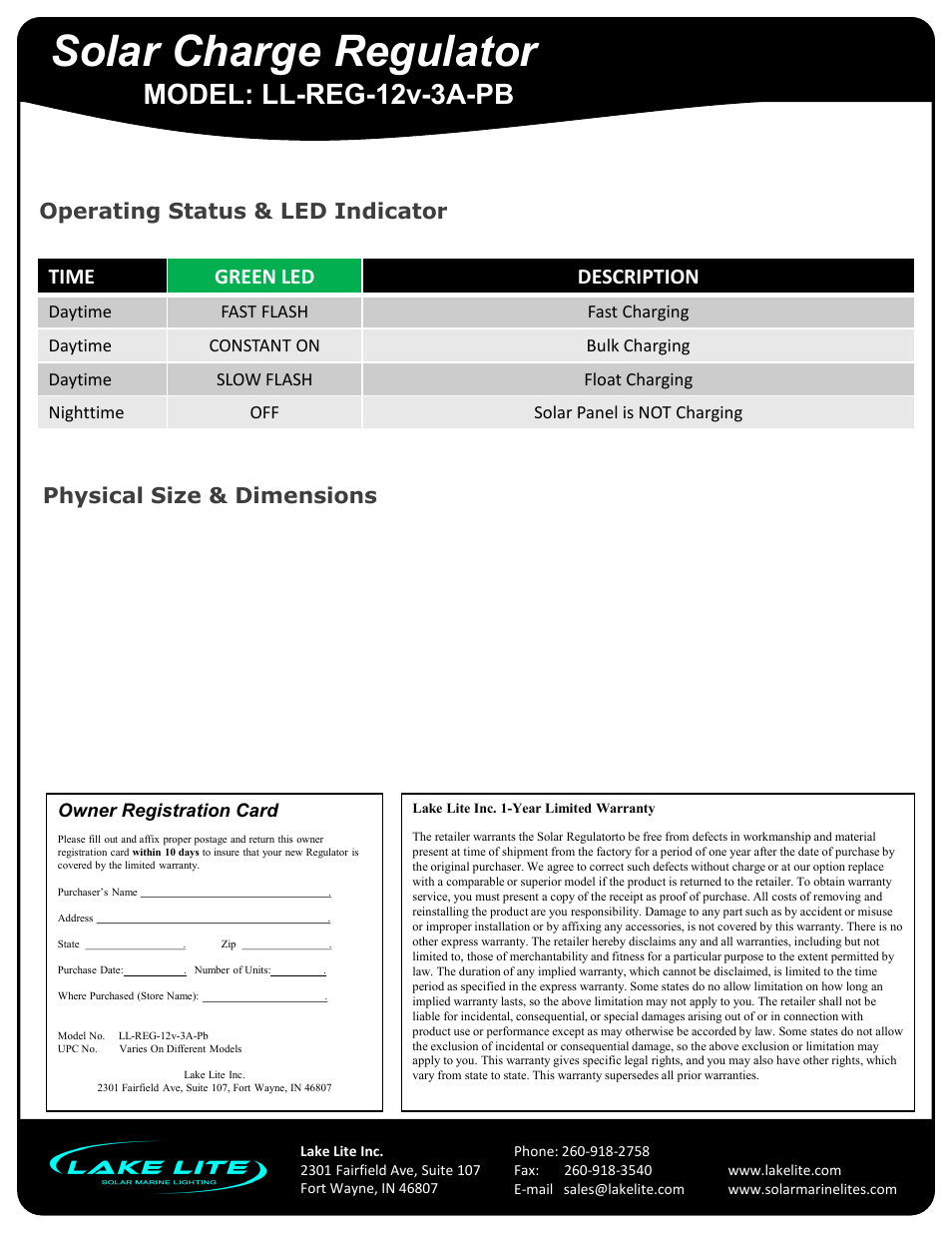 Slide number 2, Solar charge regulator, Model: ll-reg-12v-3a-pb | Lake Lite LL-REG-12v-3A-PB V.1 User Manual | Page 2 / 3