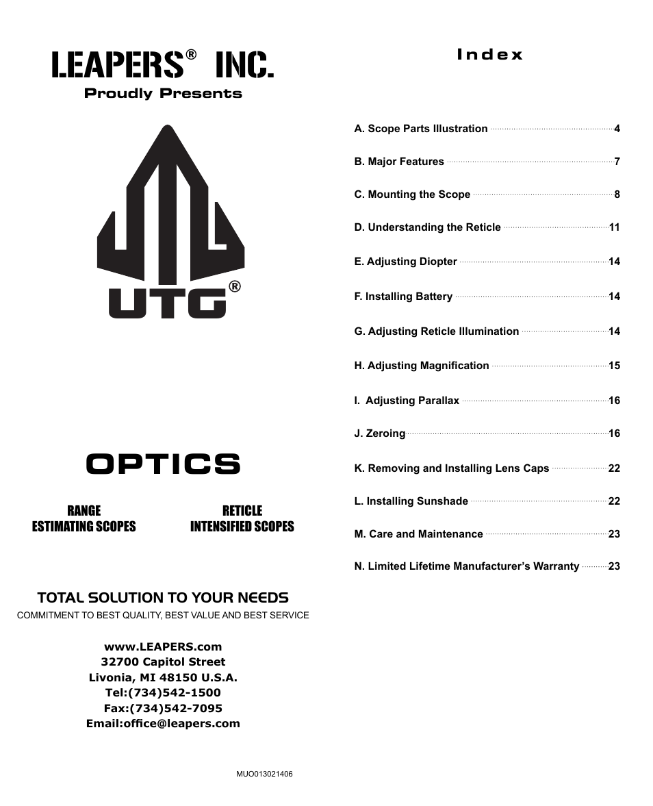 Leapers, Optics | Leapers 30mm 36-color Crossbow Scope (SCP3-1428CRWQ) User Manual | Page 2 / 13