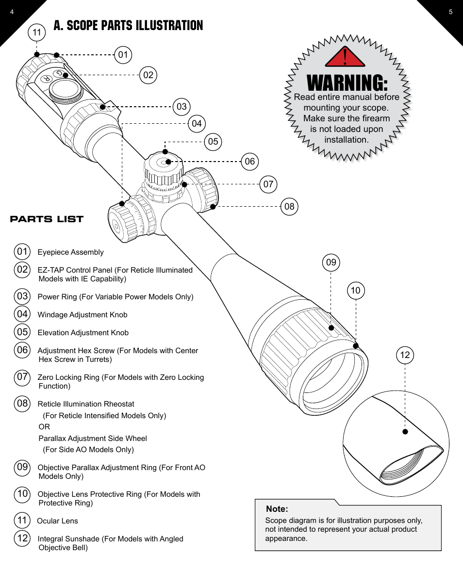 Warning, A. scope parts illustration | Leapers 30mm 36-color Crossbow Scope (SCP3-1428CRWQ) User Manual | Page 3 / 13