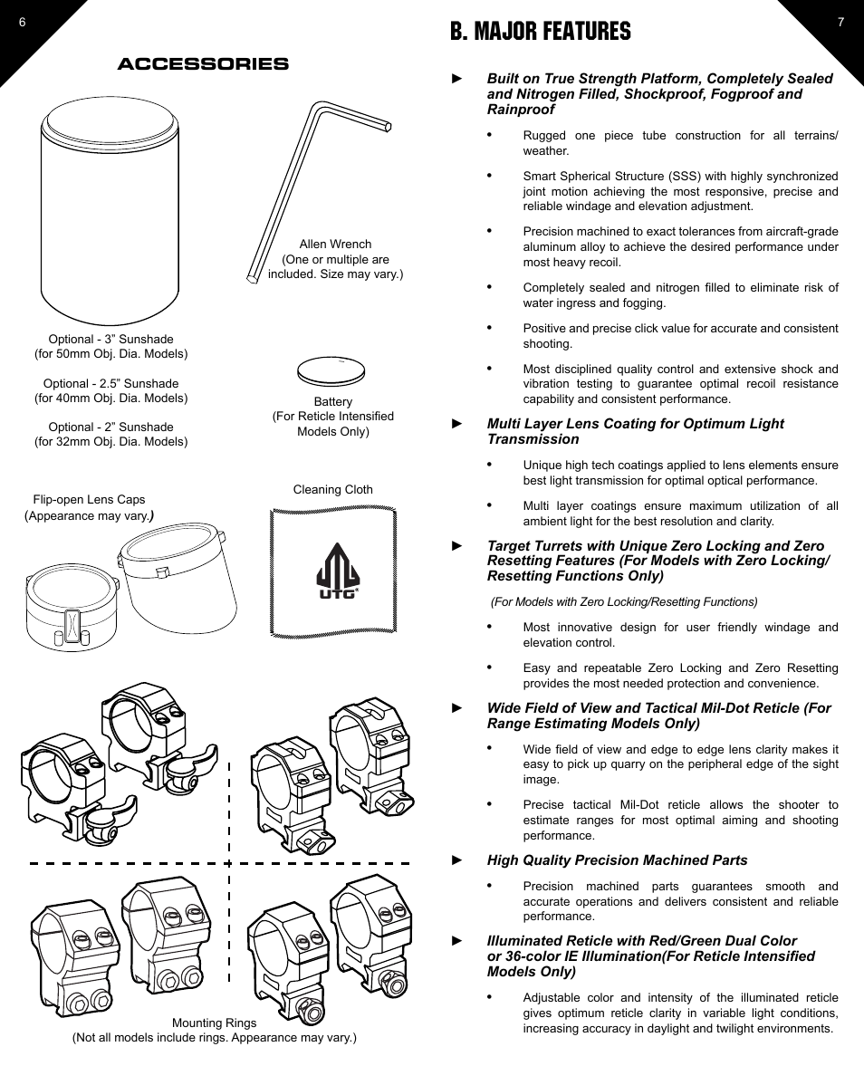 B. major features | Leapers 30mm 36-color Crossbow Scope (SCP3-1428CRWQ) User Manual | Page 4 / 13