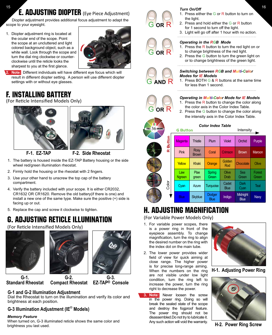 E. adjusting diopter, F. installing battery, G. adjusting reticle illumination | H. adjusting magnification | Leapers 30mm 36-color Crossbow Scope (SCP3-1428CRWQ) User Manual | Page 8 / 13