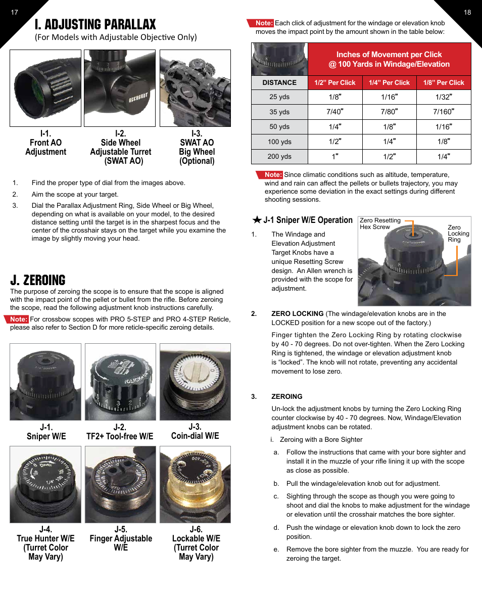 J. zeroing, I. adjusting parallax | Leapers 30mm 36-color Crossbow Scope (SCP3-1428CRWQ) User Manual | Page 9 / 13