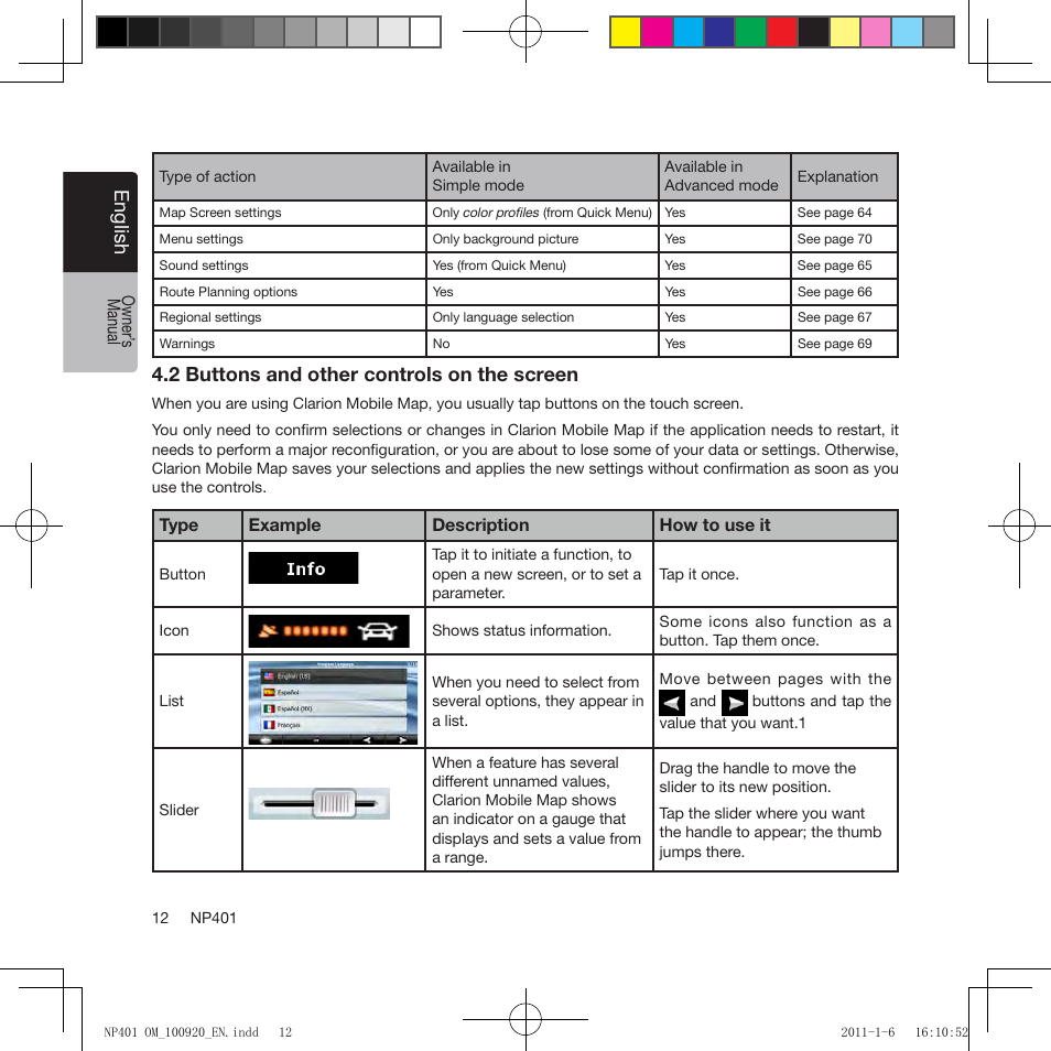 Eng lis h, 2 buttons and other controls on the screen | Clarion NP401 User Manual | Page 12 / 81