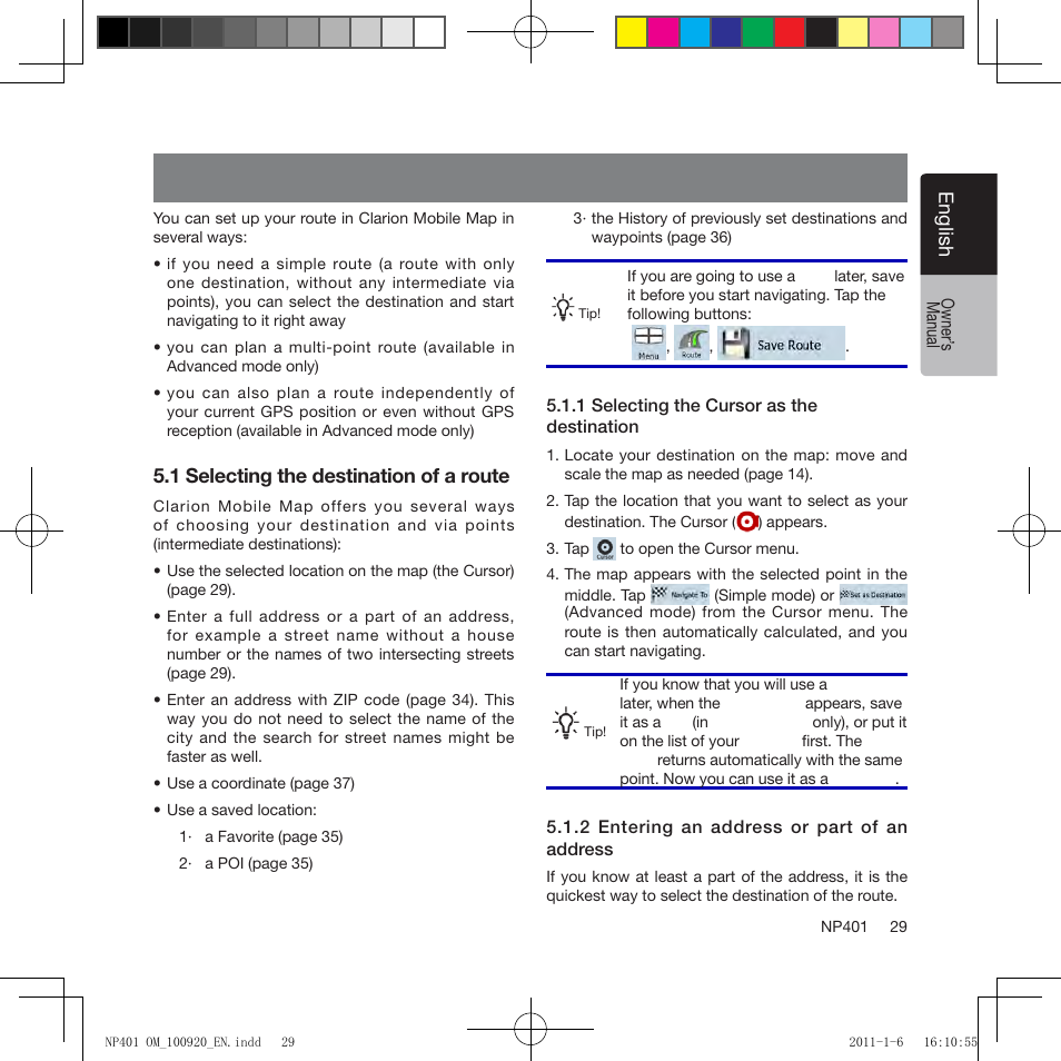 Navigating with clarion mobile map, Eng lis h, 1 selecting the destination of a route | Clarion NP401 User Manual | Page 29 / 81