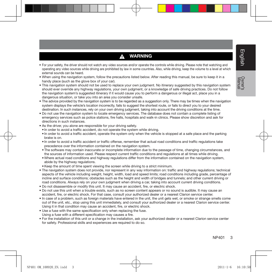 Precautions, Eng lis h | Clarion NP401 User Manual | Page 3 / 81