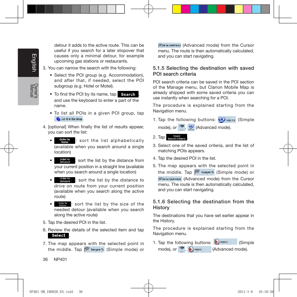 Eng lis h | Clarion NP401 User Manual | Page 36 / 81
